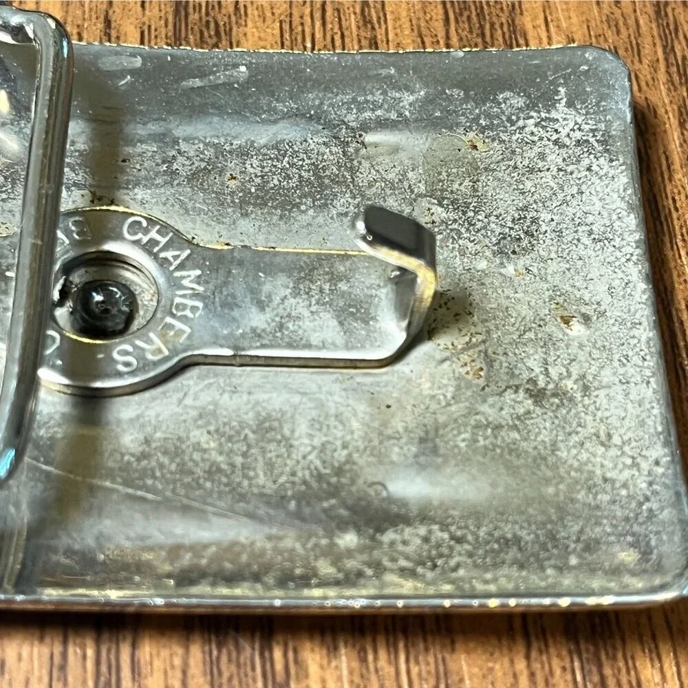 Western Metal Belt Buckle Saddle Embossed‎ Chrome USA Cattle Ranch Two Tone 80s